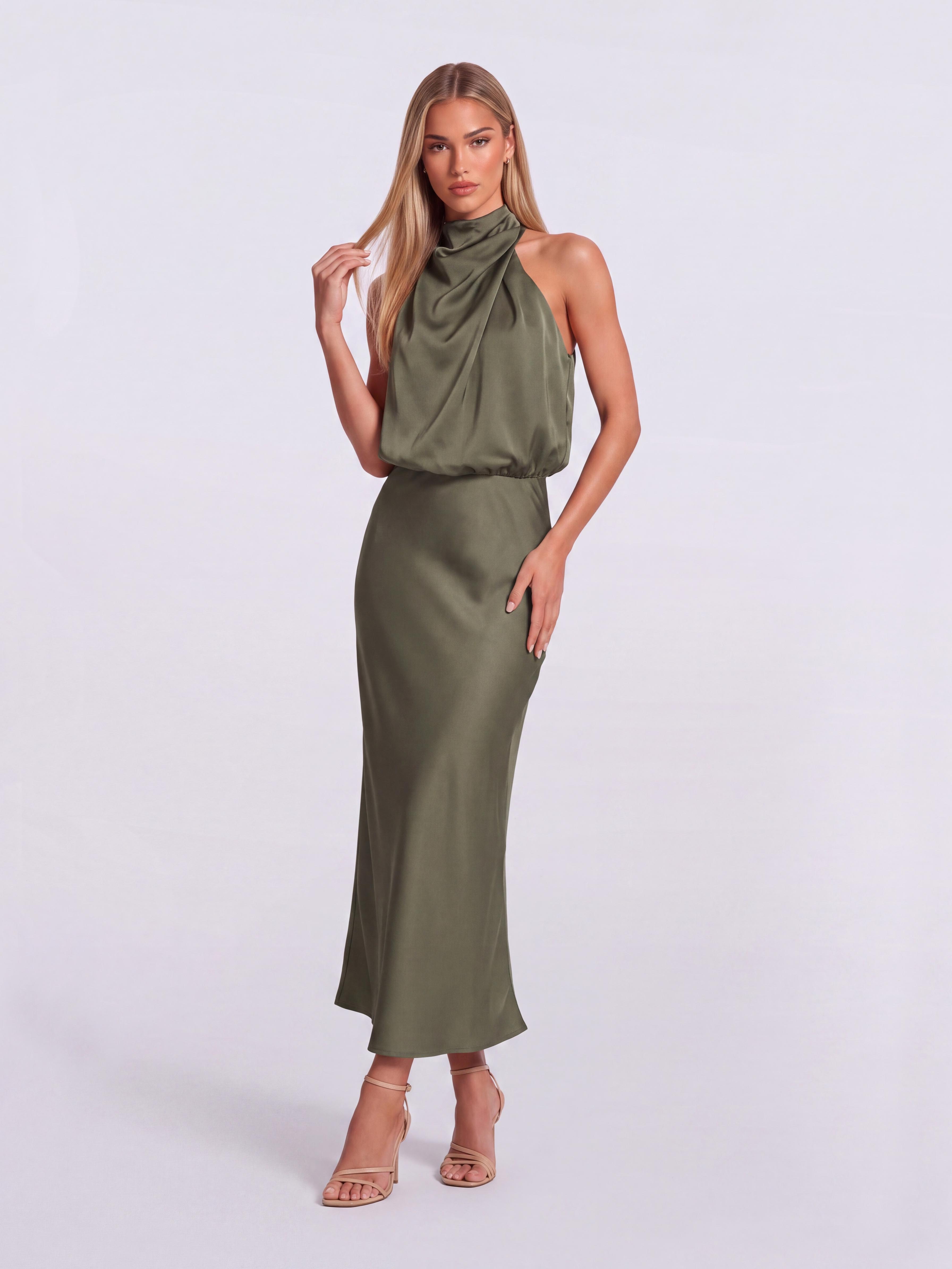 Slim-Fit Fishtail Mid-Length Neck Satin Dress