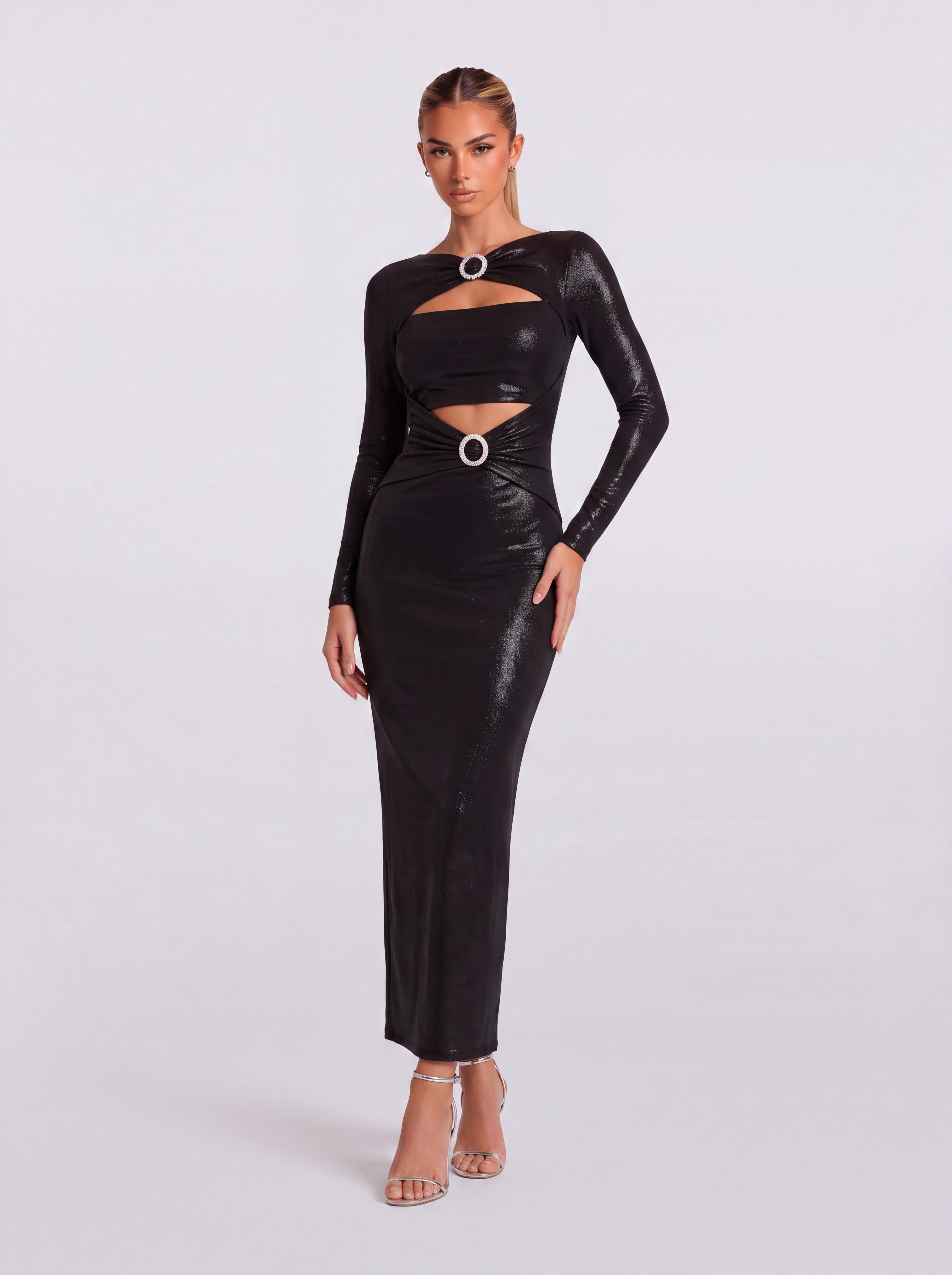 Bright-Face Ring Hollow-Out Long-Sleeved Slim-Fit Hip Mid-Length Dress