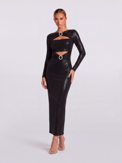 Bright-Face Ring Hollow-Out Long-Sleeved Slim-Fit Hip Mid-Length Dress