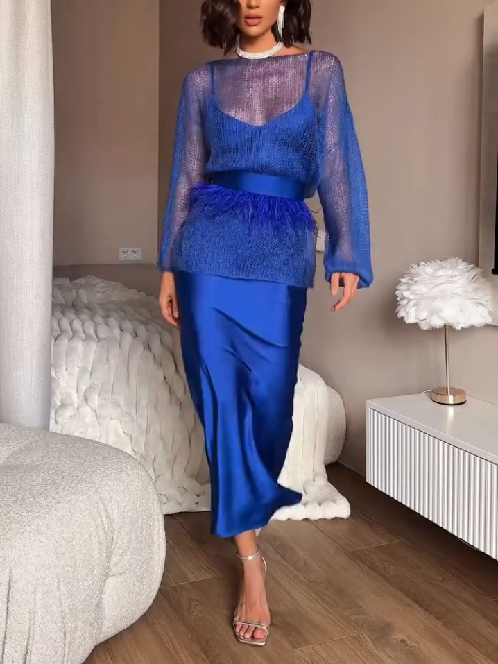 Elegant Thin Feather Trim Belted Sweater