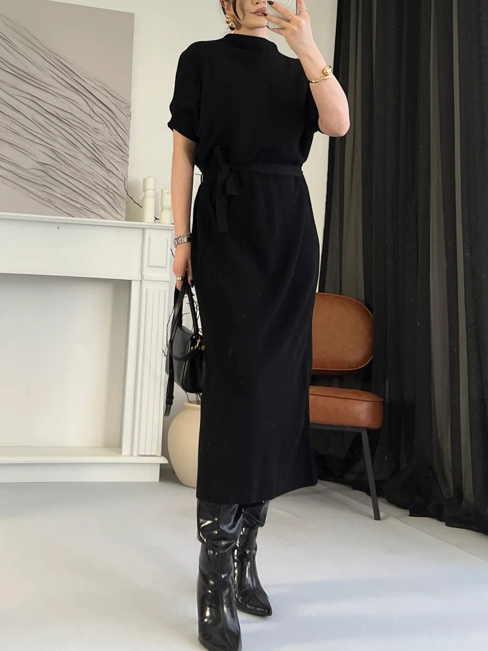 Minimalist Crew Neck Belted Midi Dress