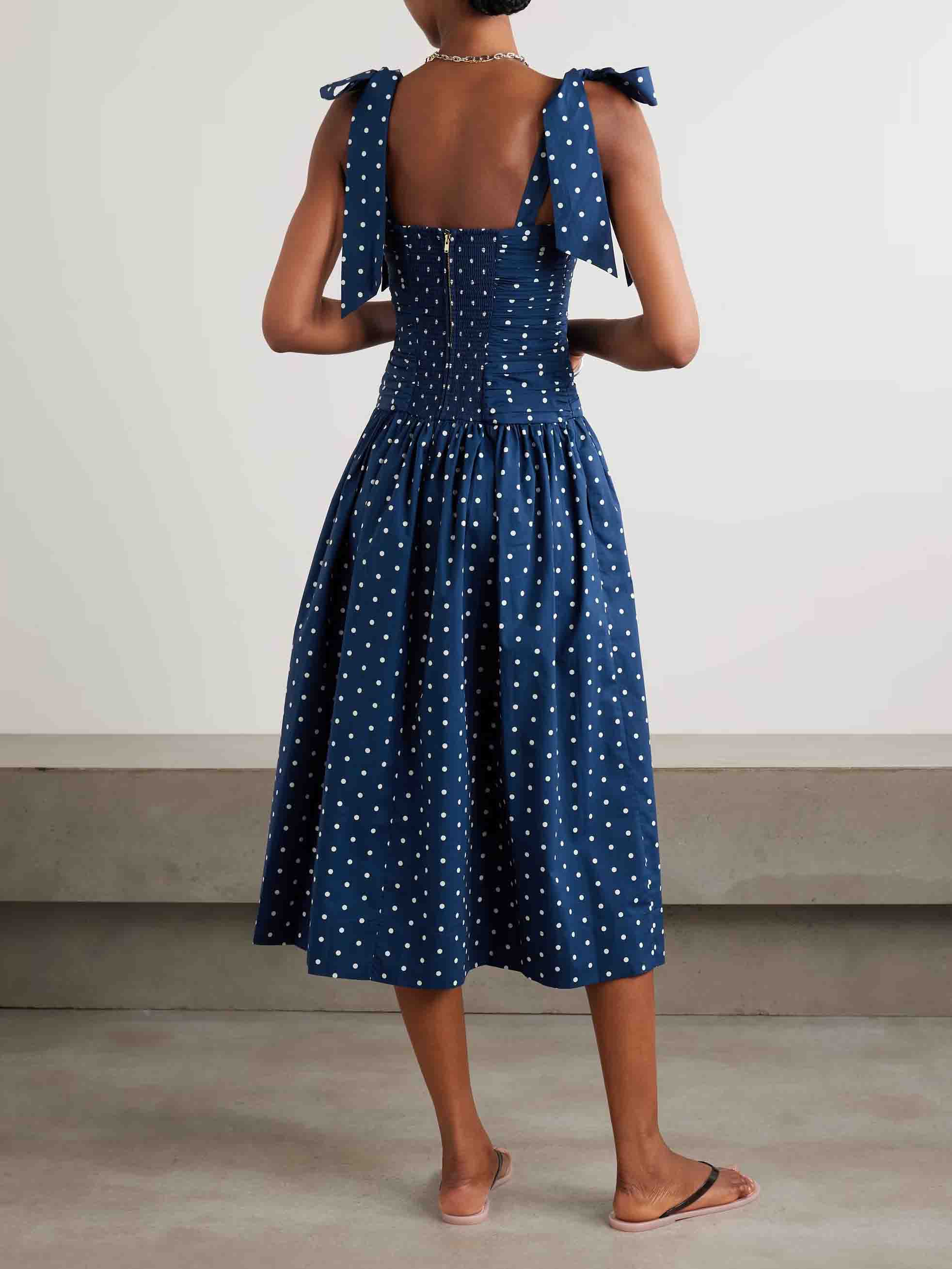 Retro Lace-up Pleated Polka Dot Midi Dress