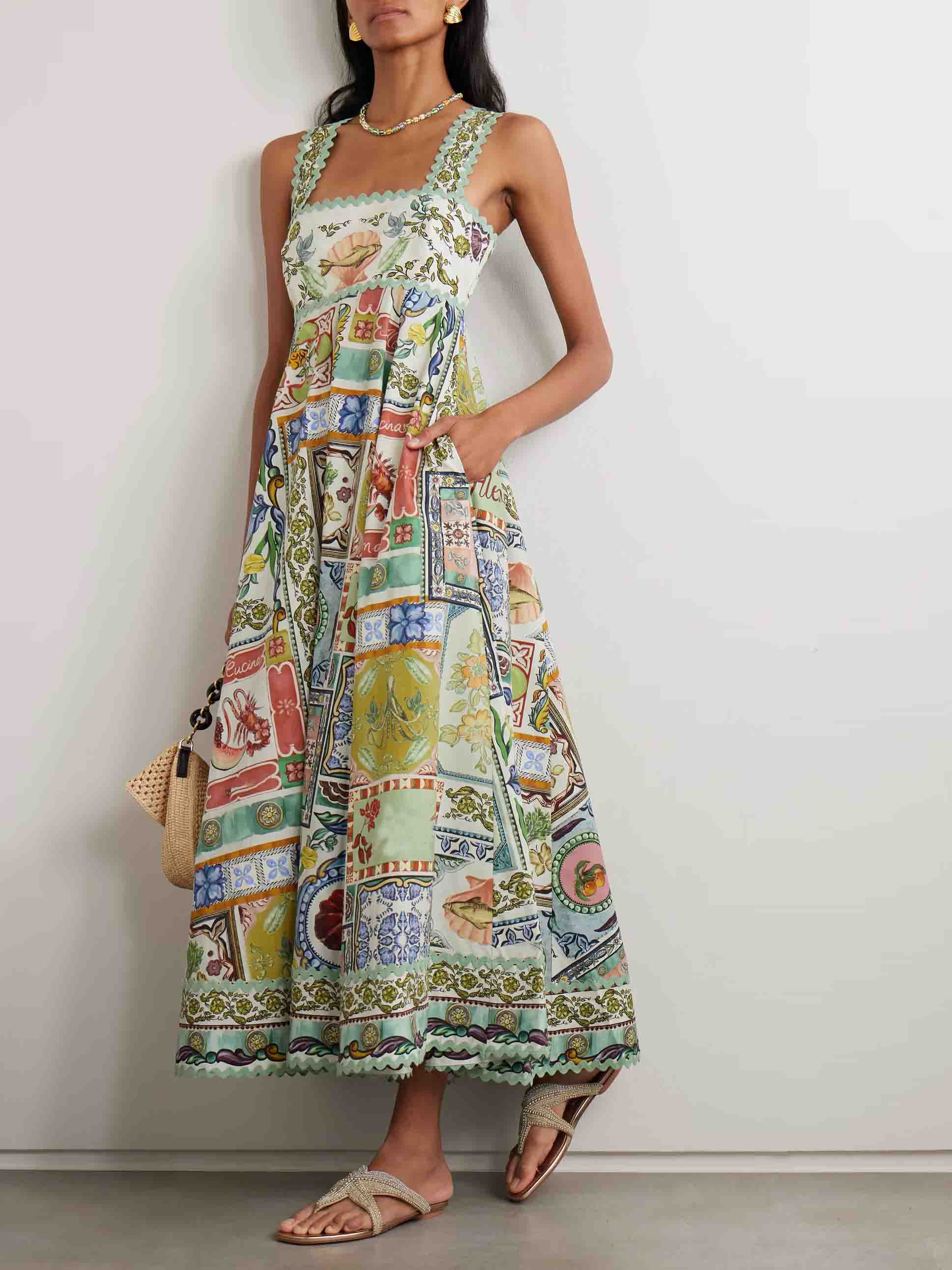 Elegant Square Neck Printed A-Line Midi Dress