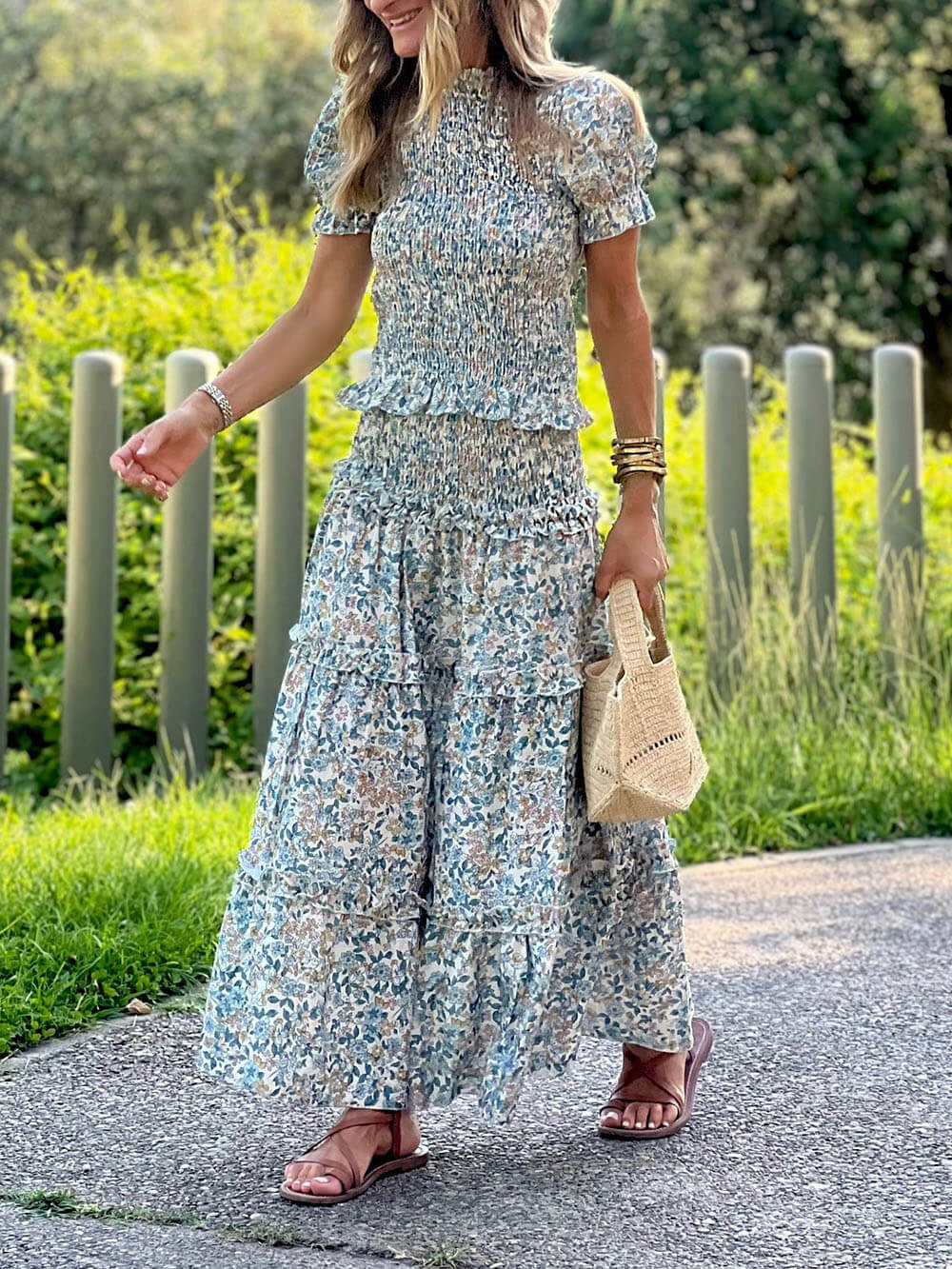 Retro Pleated  Floral Print Ruched Ruffle Maxi Skirt
