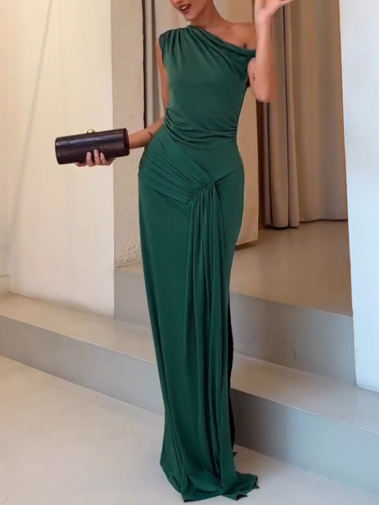 Elegant Asymmetric Neckline Satin Knit Pleated Maxi Dress