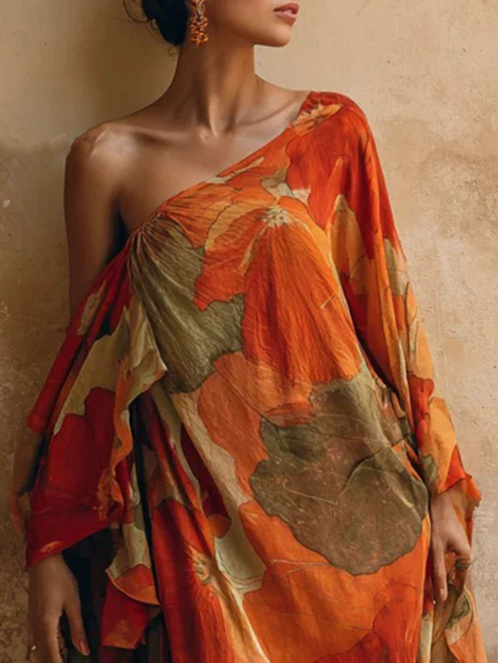 Boho Printed One-Shoulder Kimono-Style Maxi Dress