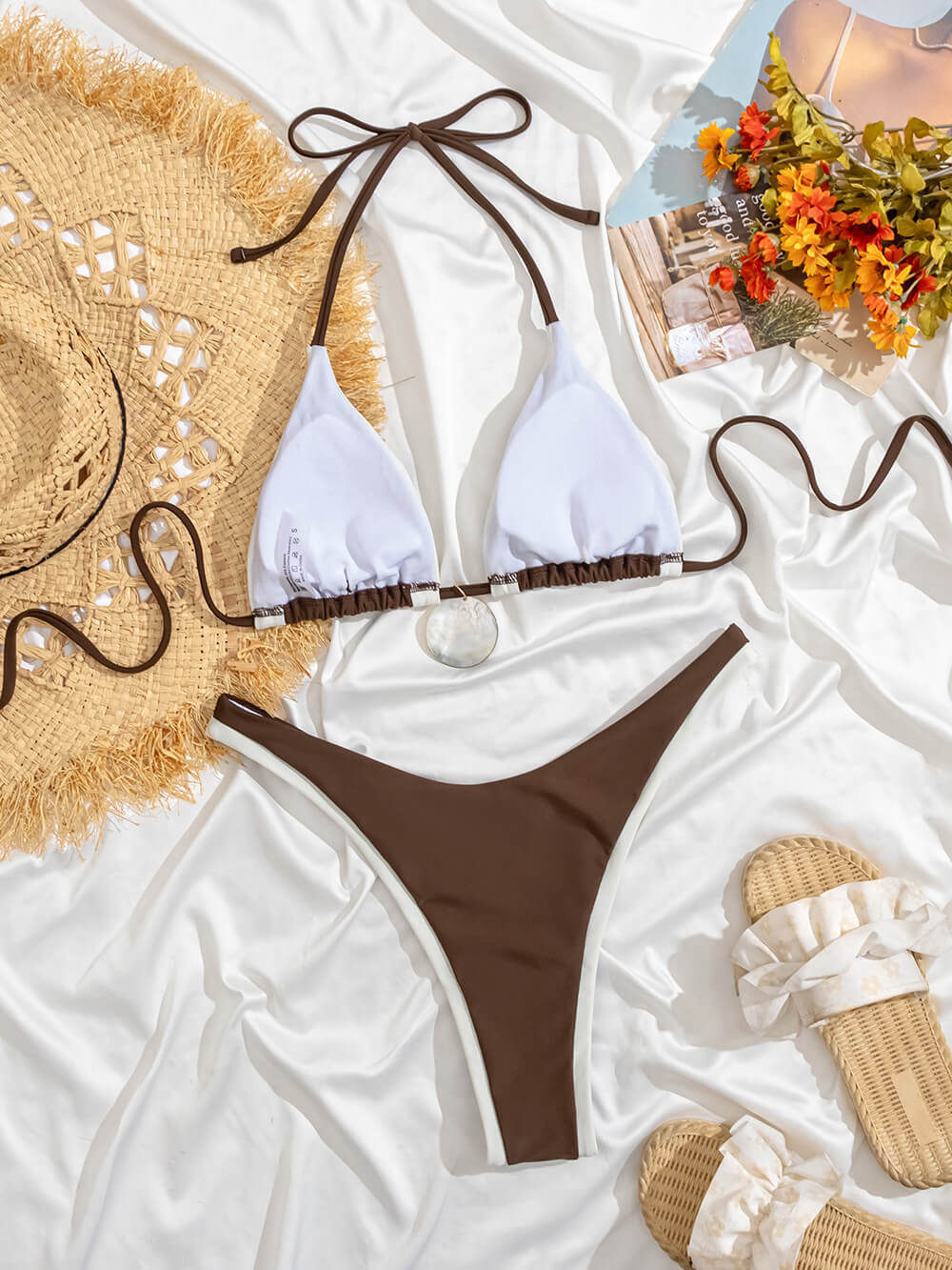 Sexy Triangle Cup Color-Blocked Two-Piece Bikini Set