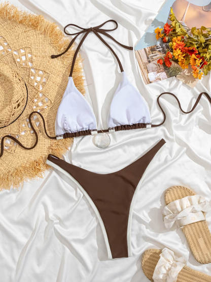 Sexy Triangle Cup Color-Blocked Two-Piece Bikini Set