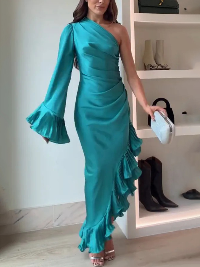 Elegant Satin One-shoulder Ruffled Asymmetrical Maxi Dress