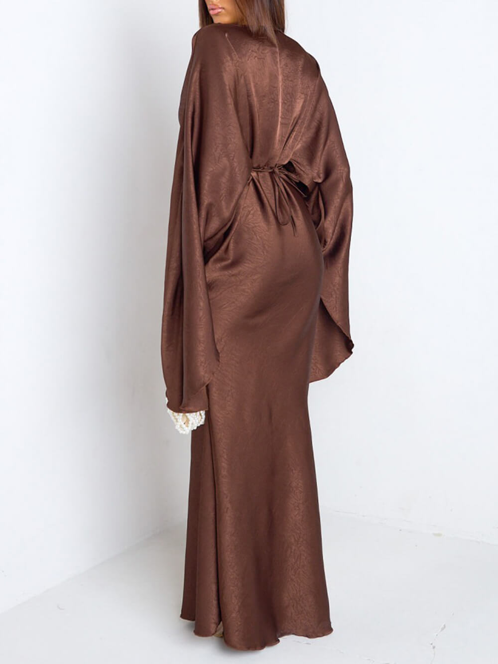 Elegant Ruched Satin Lantern-Sleeve Maxi Dress