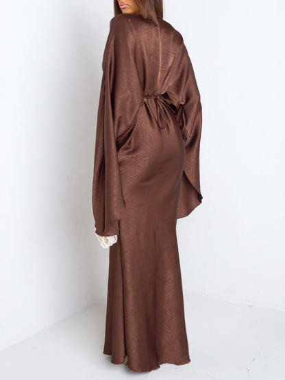 Elegant Ruched Satin Lantern-Sleeve Maxi Dress