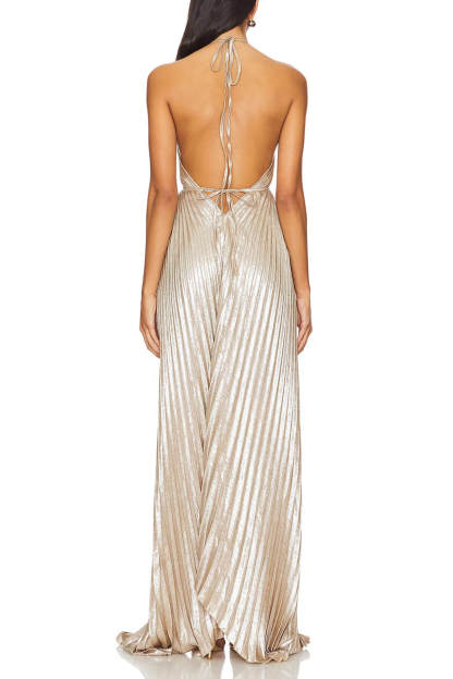 Bohemian Pleated Halter Neck Backless Tie-Waist Maxi Dress