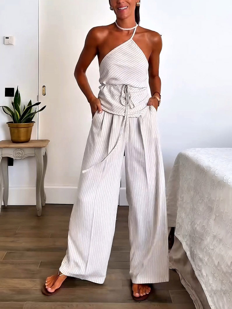 Casual Striped Print Lace-up Vest Wide-leg Pants Two-piece Set