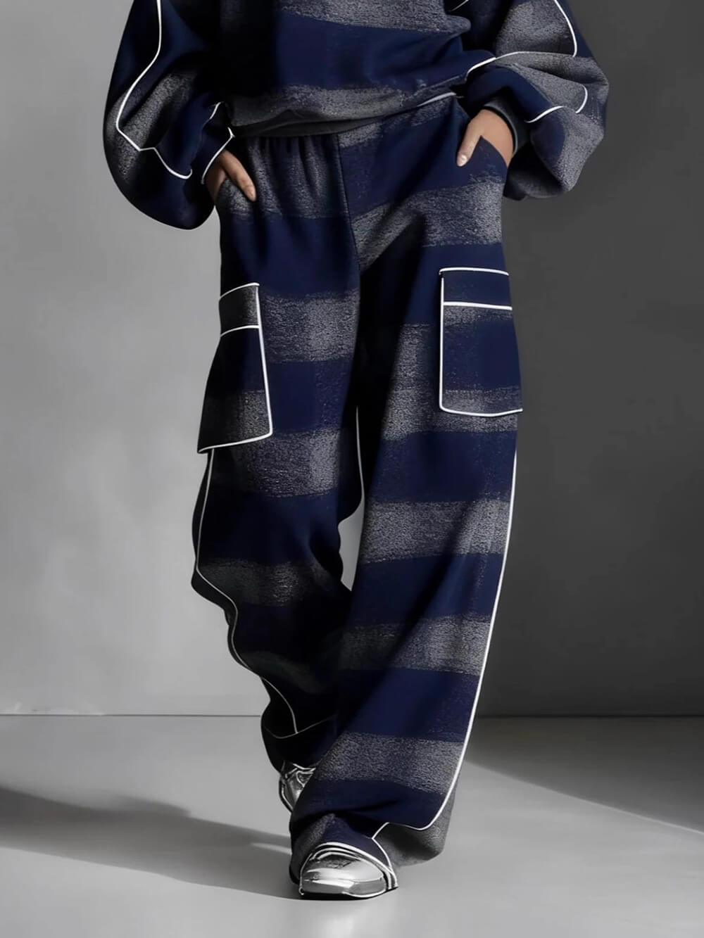 Fashion Street-Style Blue And Gray Plaid Color-Block Wide-Leg Pants