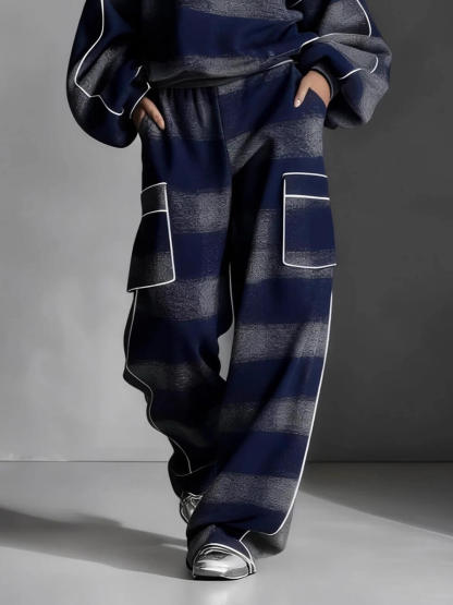 Fashion Street-Style Blue And Gray Plaid Color-Block Wide-Leg Pants