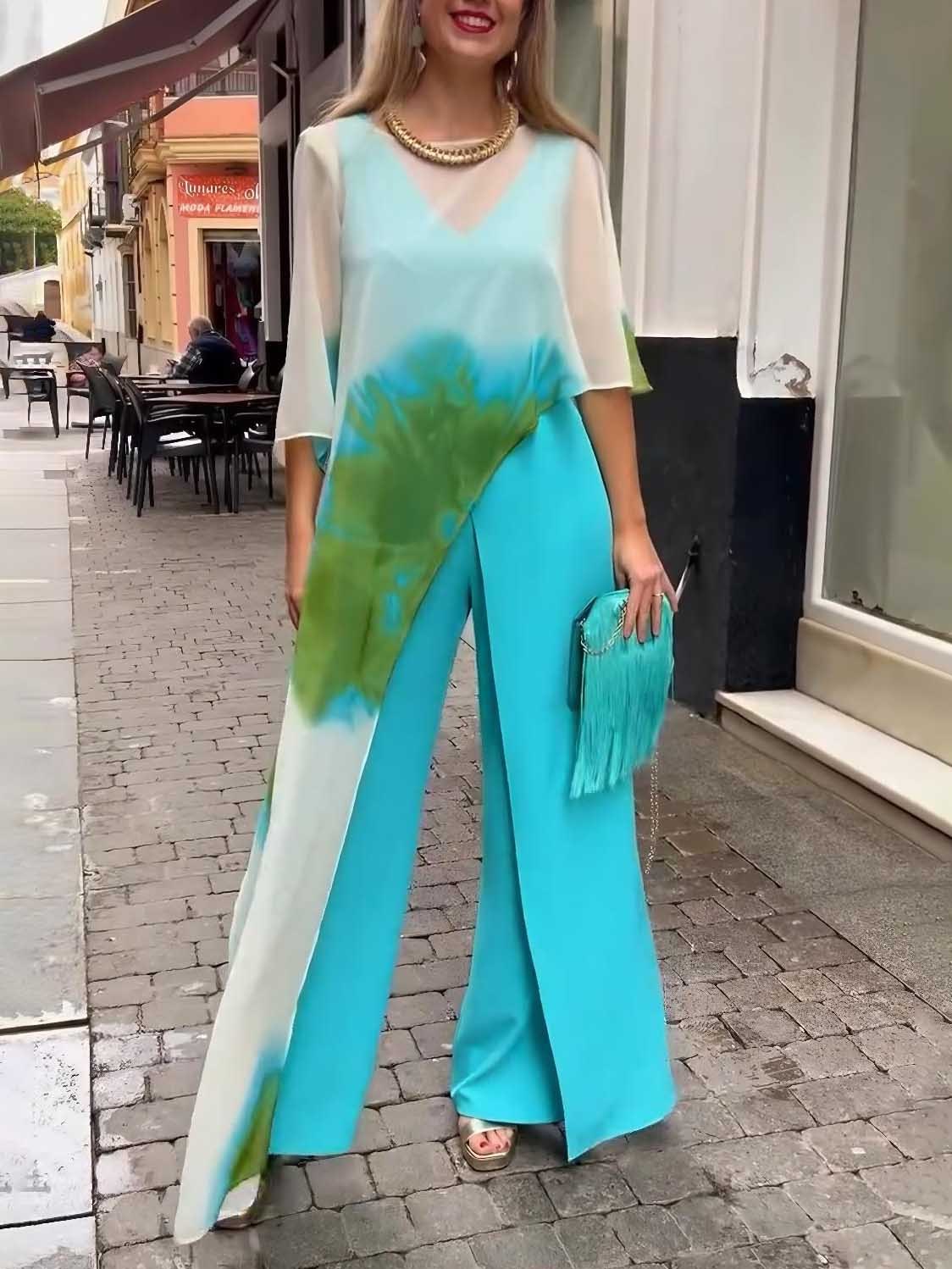 Abstract Watercolor Print Asymmetrical Two-piece Set