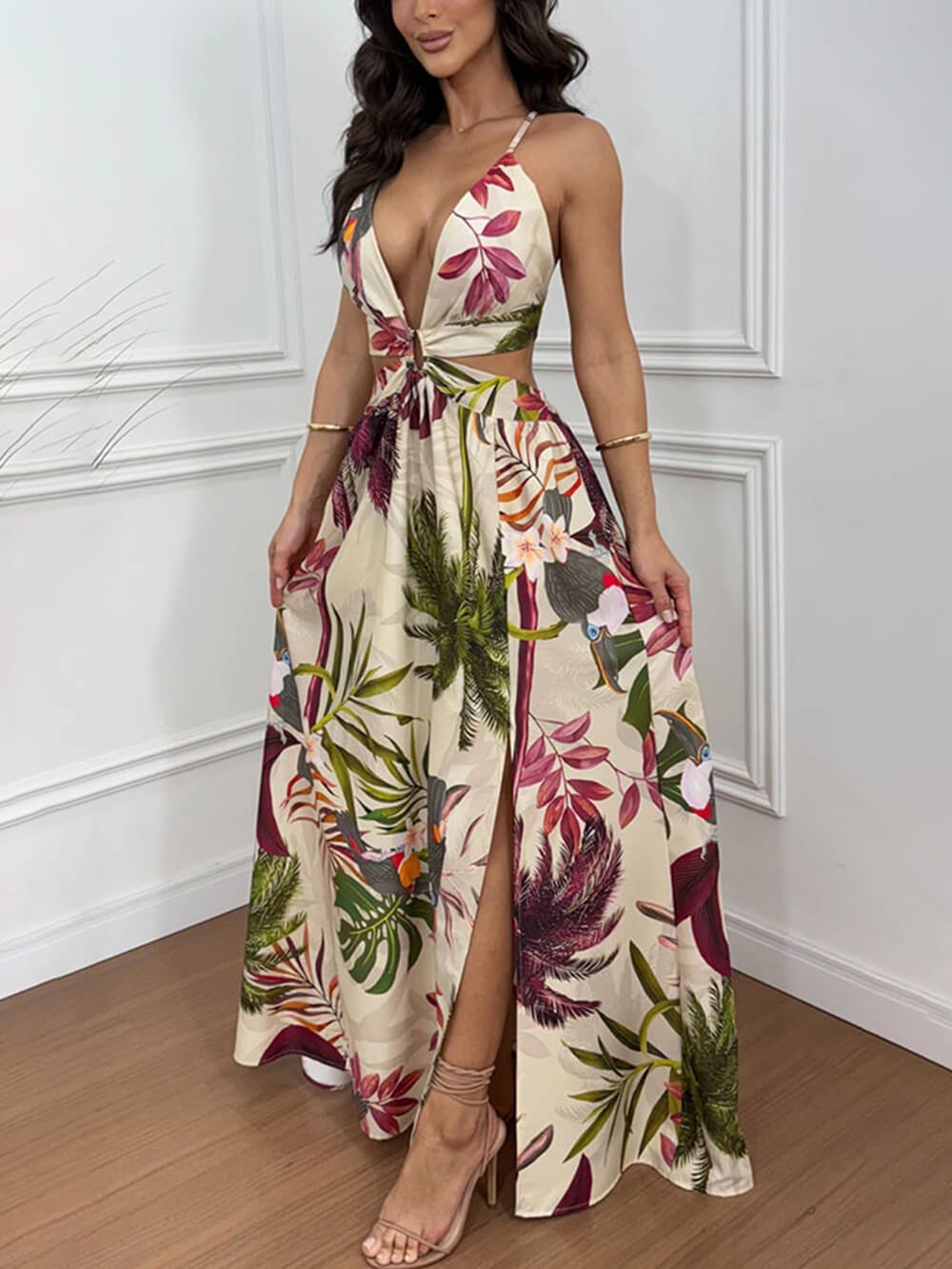 Bohemian Apricot Backless Printed Slit Party Maxi Dress