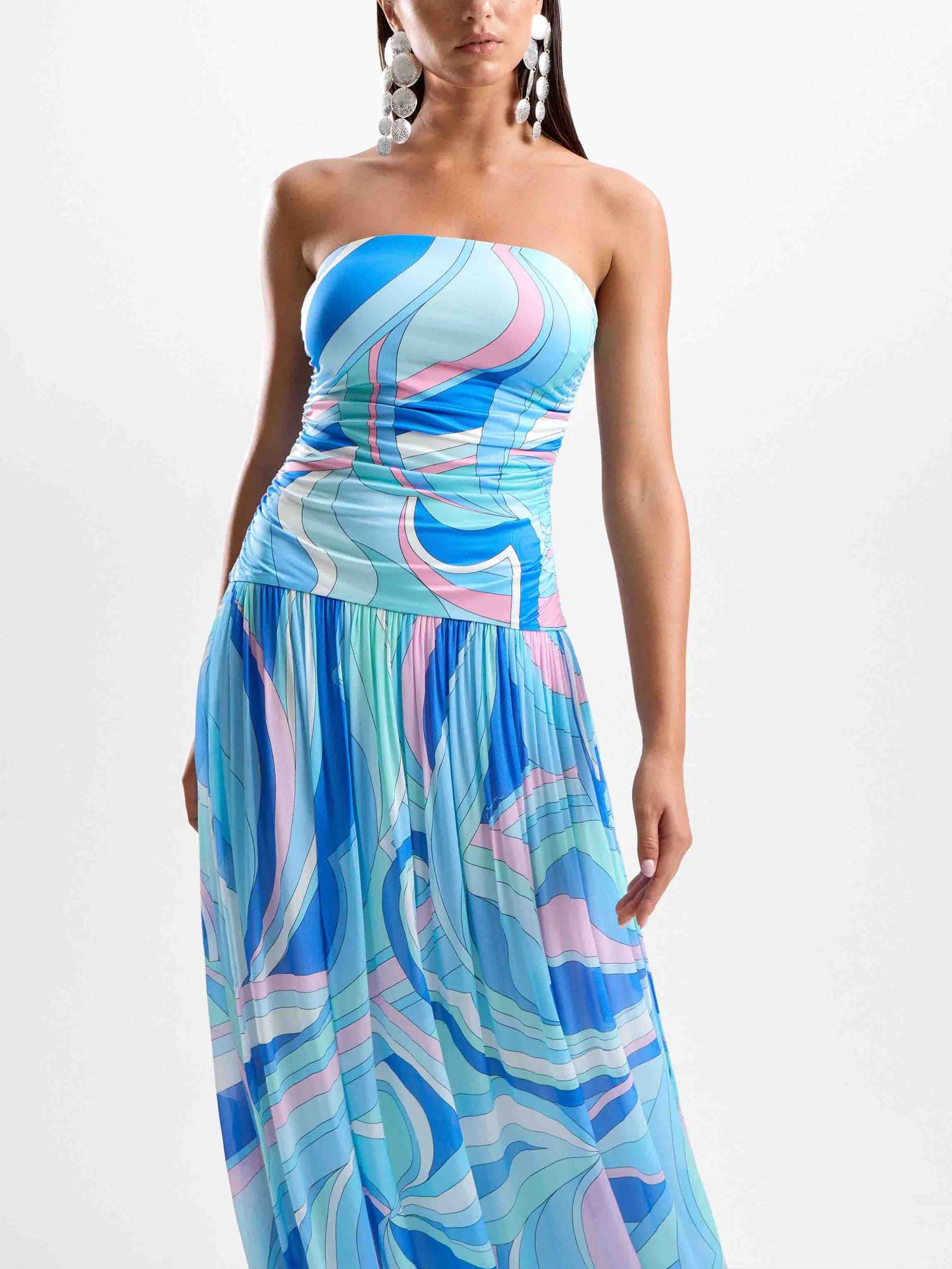 Exquisite Abstract Print Strapless Pleated Maxi Dress