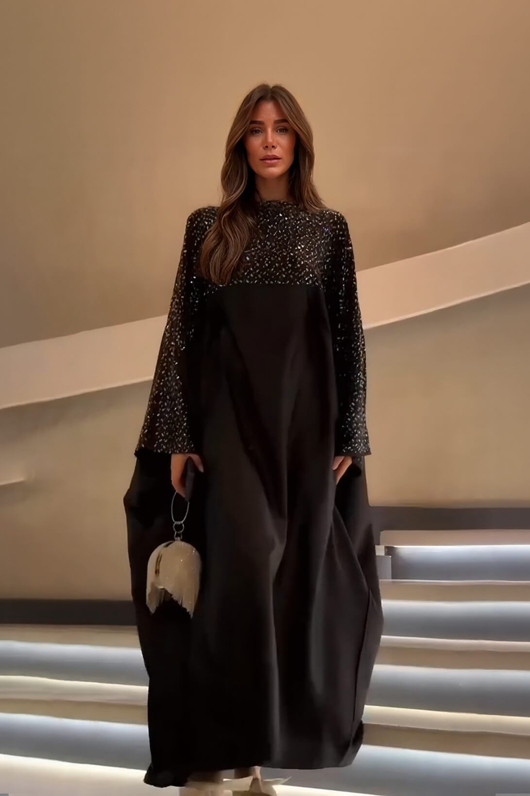 Exquisite Sequin-Panel Loose-Fit Maxi Dress