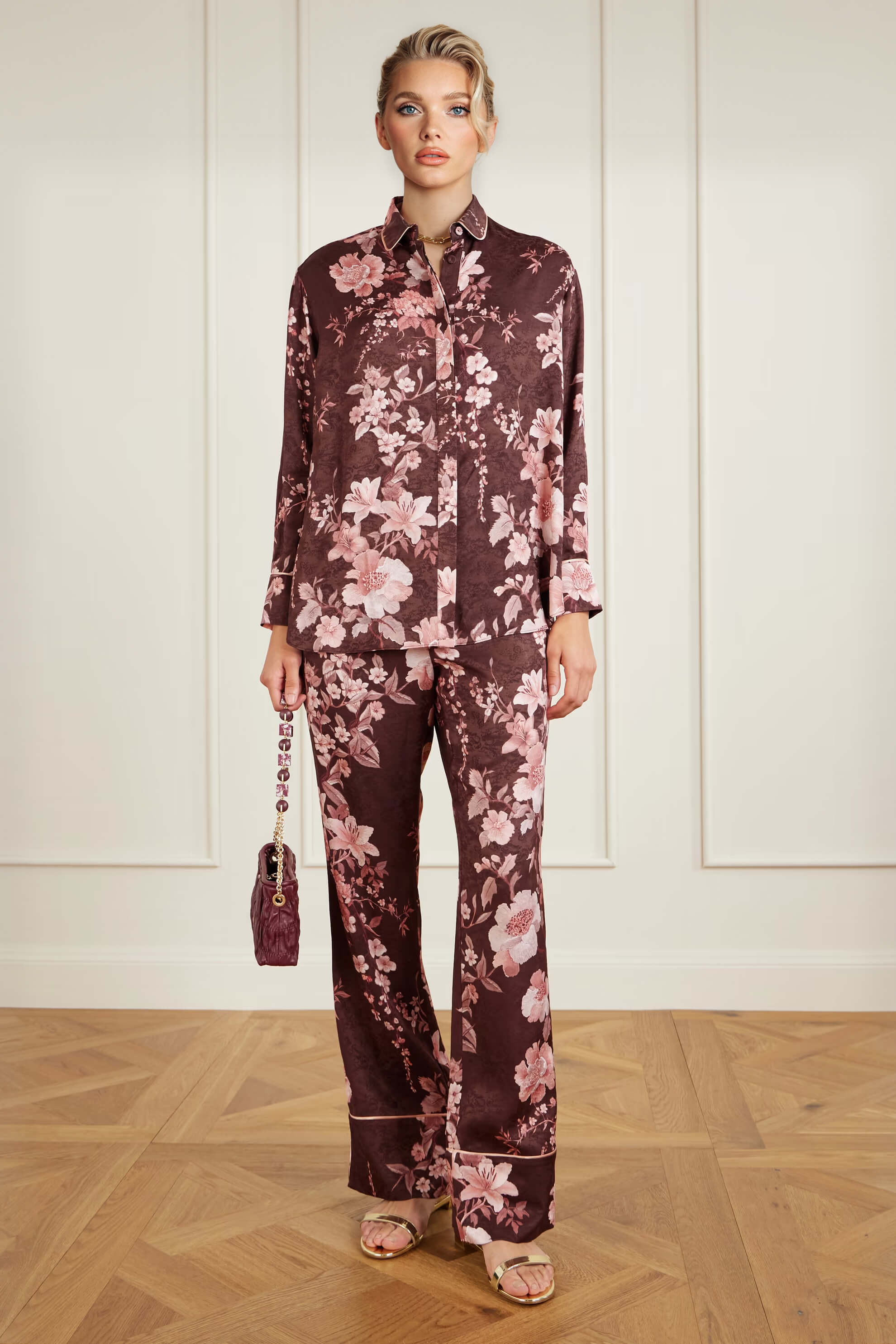 Exquisite Floral Print Satin Button-Up Shirt