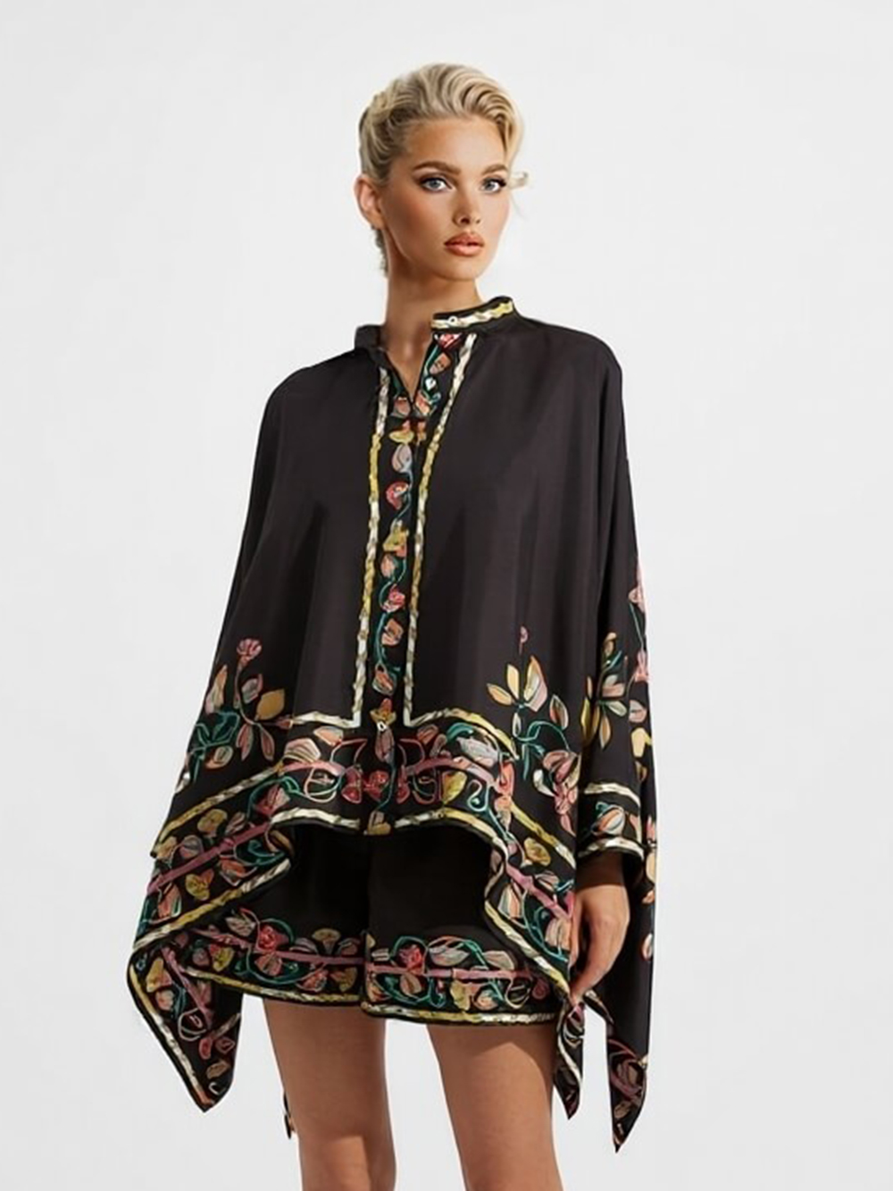 Unique Satin Draped Floral Print High-Waisted Wide-Leg Pants