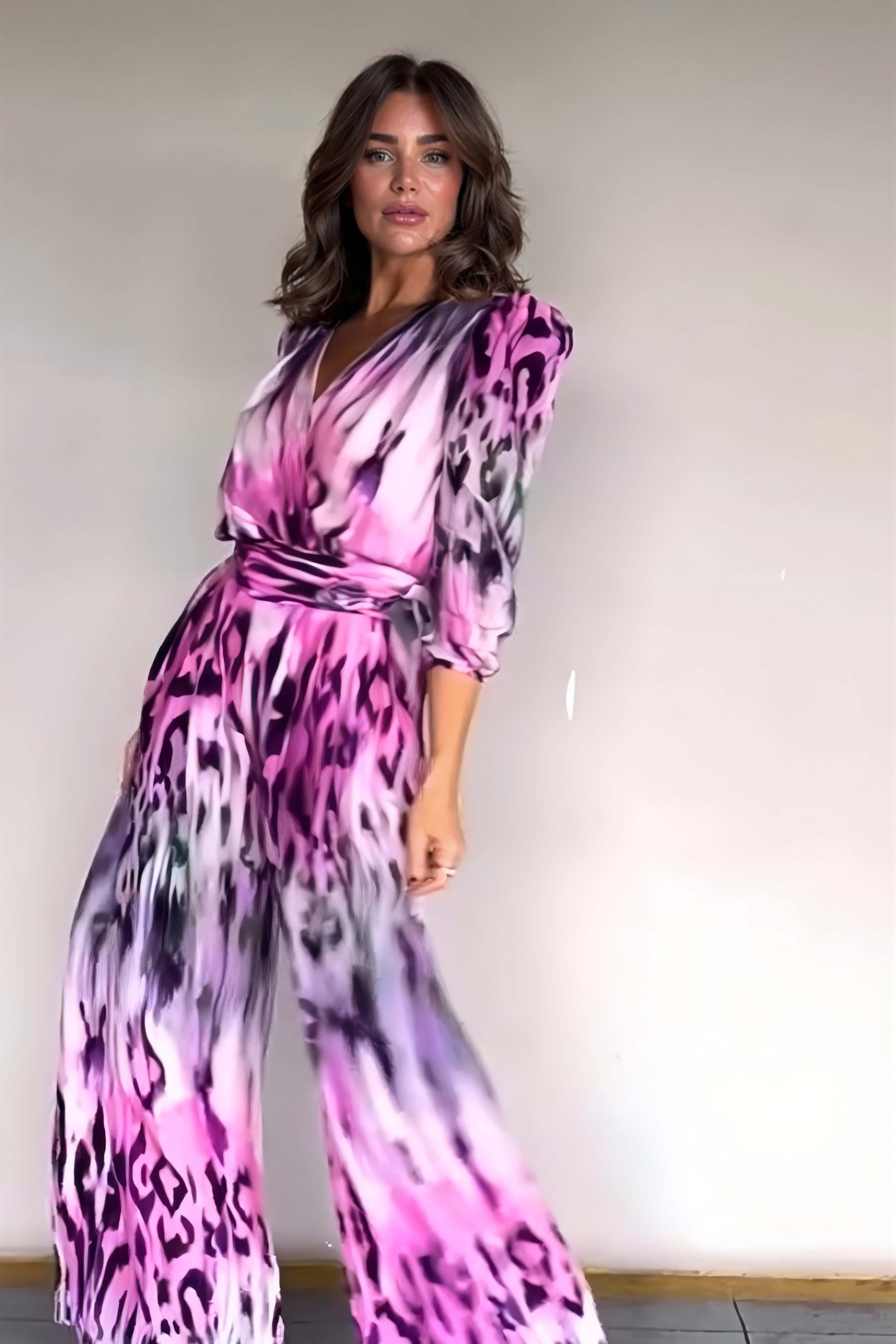 Exquisite Floral Print Pleated Tie-Waist Wide-Leg Jumpsuit