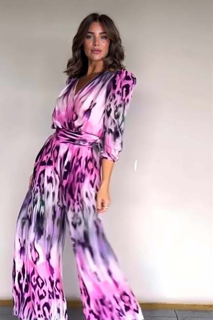 Exquisite Floral Print Pleated Tie-Waist Wide-Leg Jumpsuit