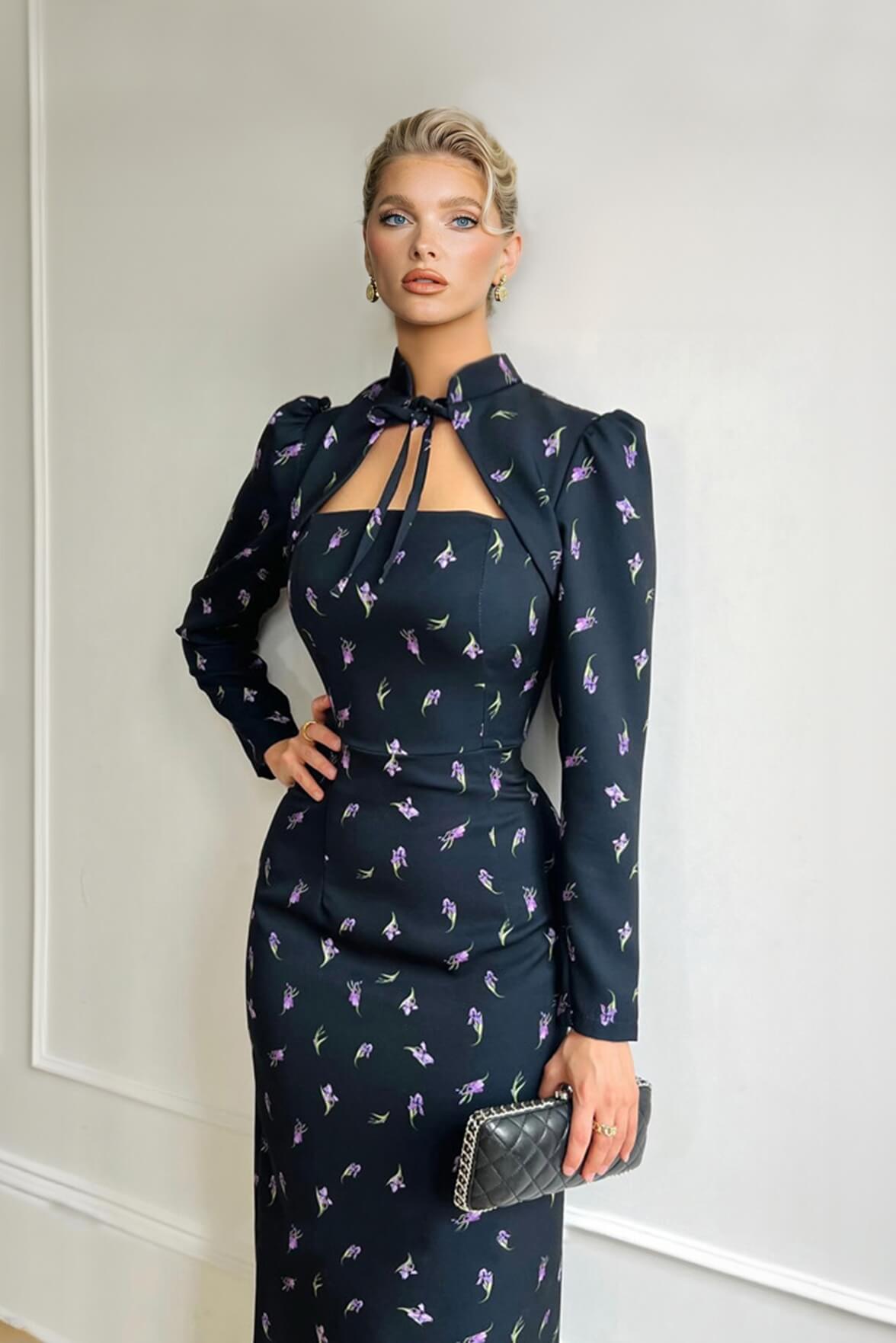 Elegant Printed High Neck Tie-Waist Slit Maxi Dress