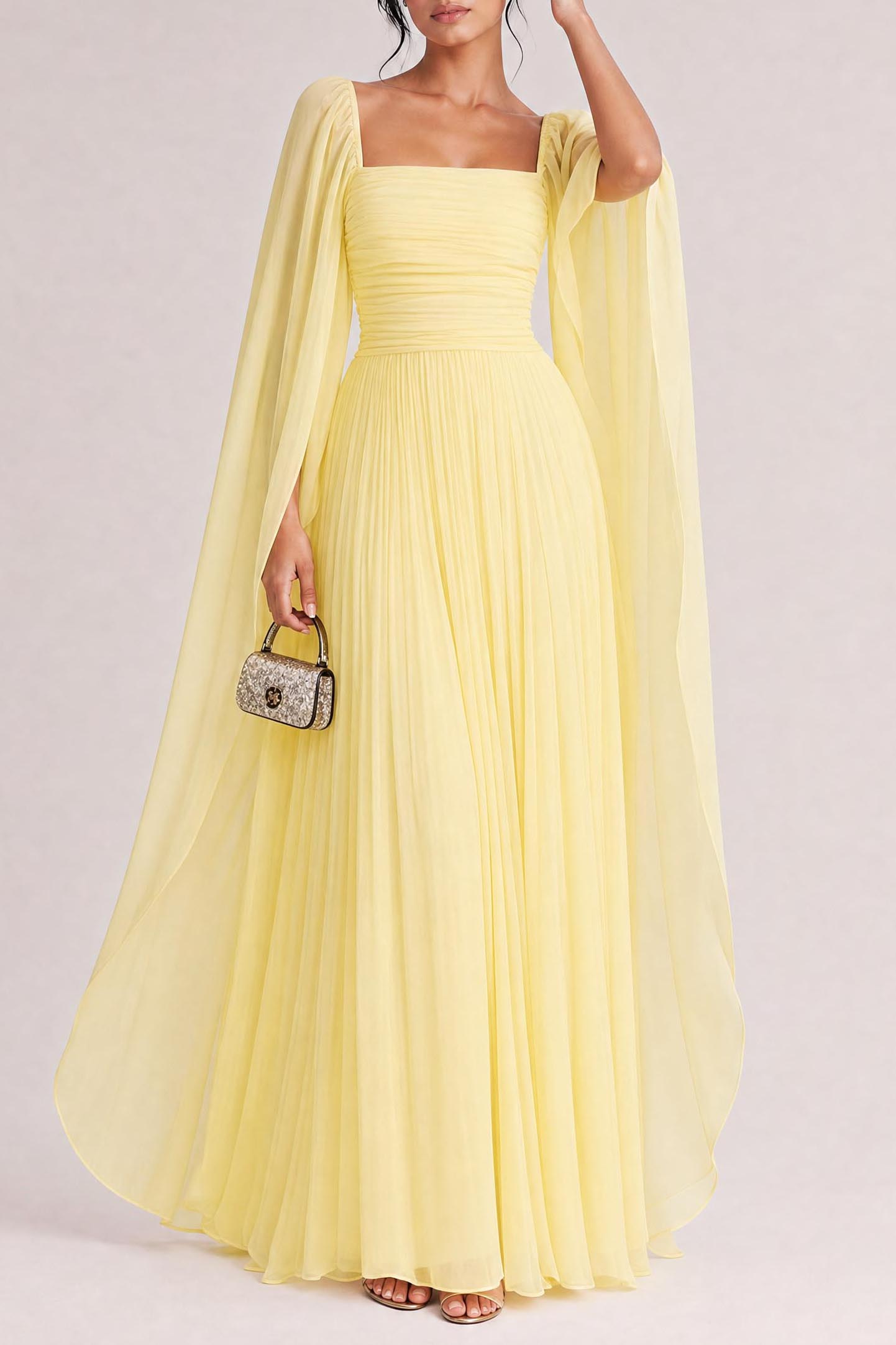 Elegant Cape Sleeve Pleated Chiffon Maxi Dress
