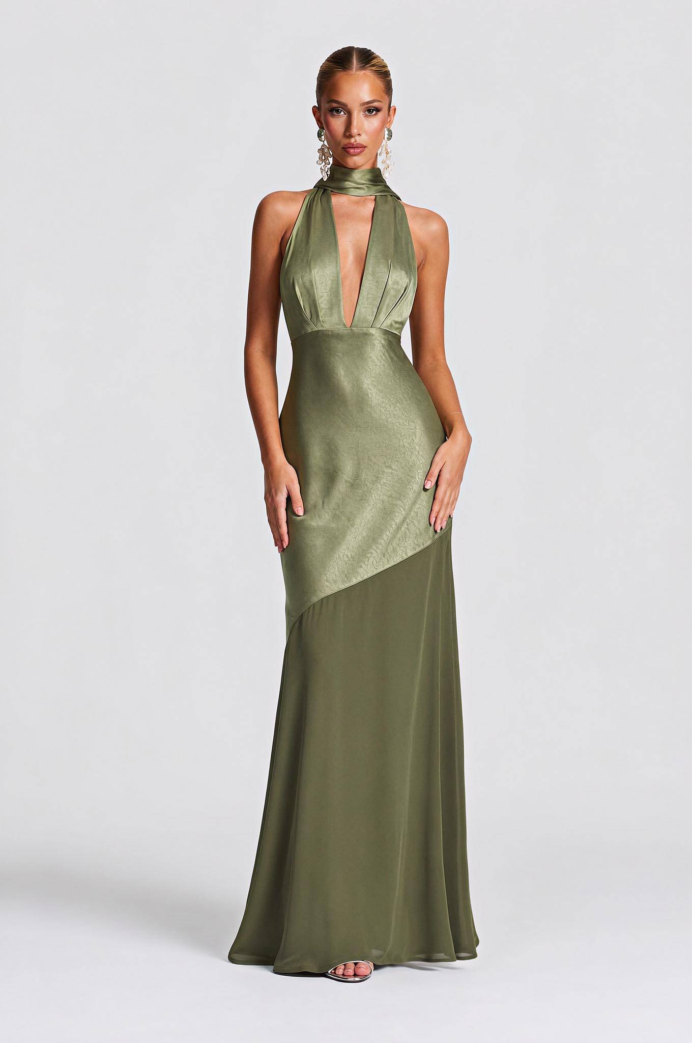 Olive Satin Halter Neck Deep V-Neck Mermaid Evening Gown - Sexy Backless Formal Dress For Party, Wedding & Gala