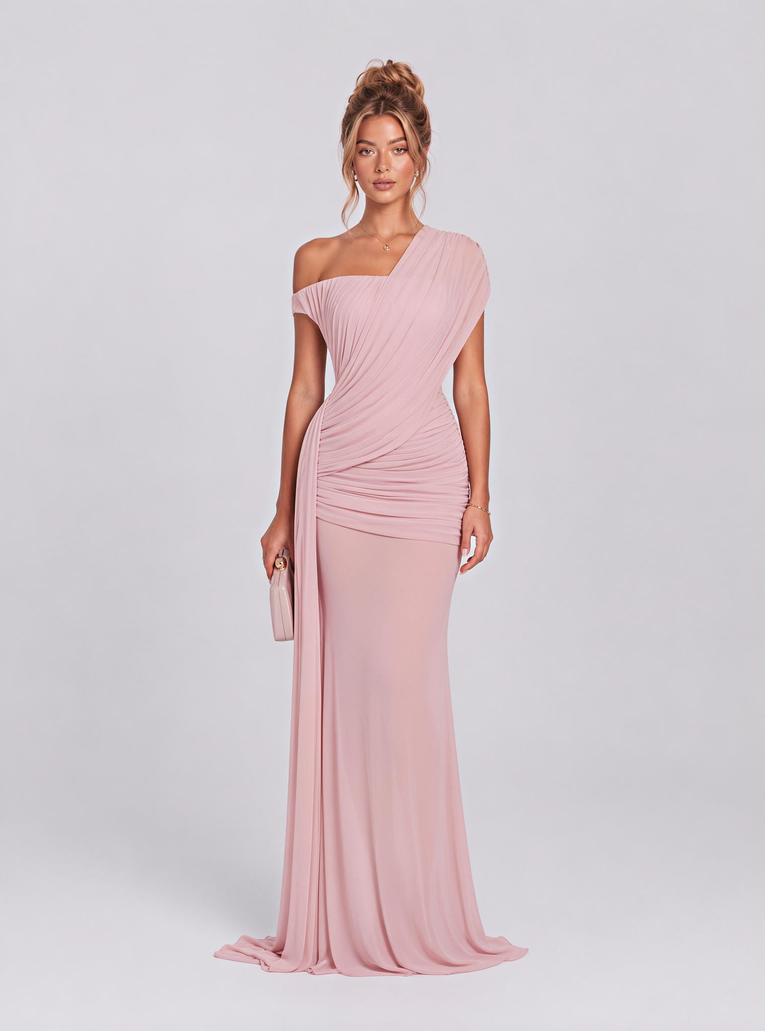 Draping Inclined Shoulder See-Through Gauze Long Dress