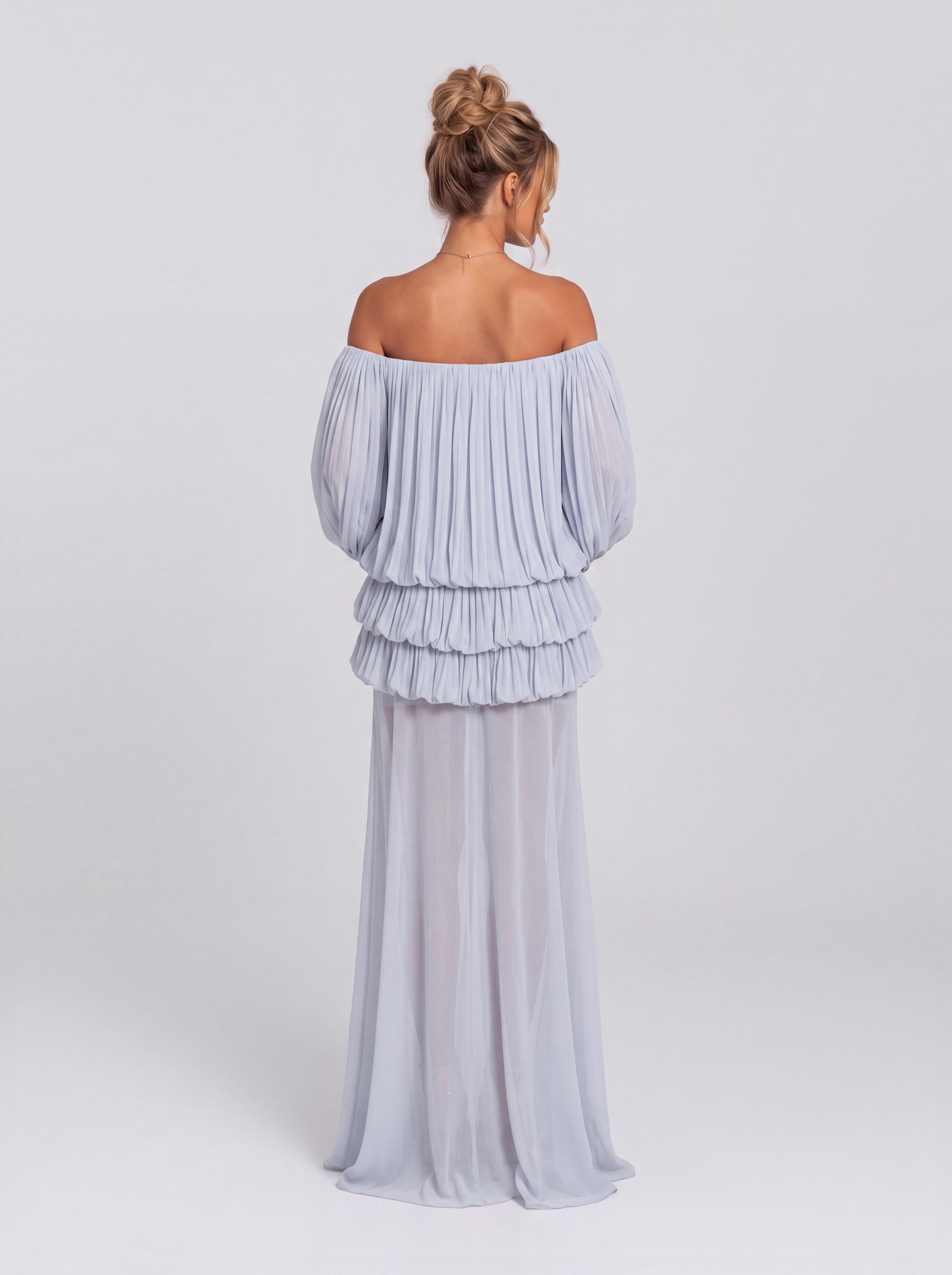 Pleated Off-shoulder Bubble Long Sleeve Perspective Long Party Dress