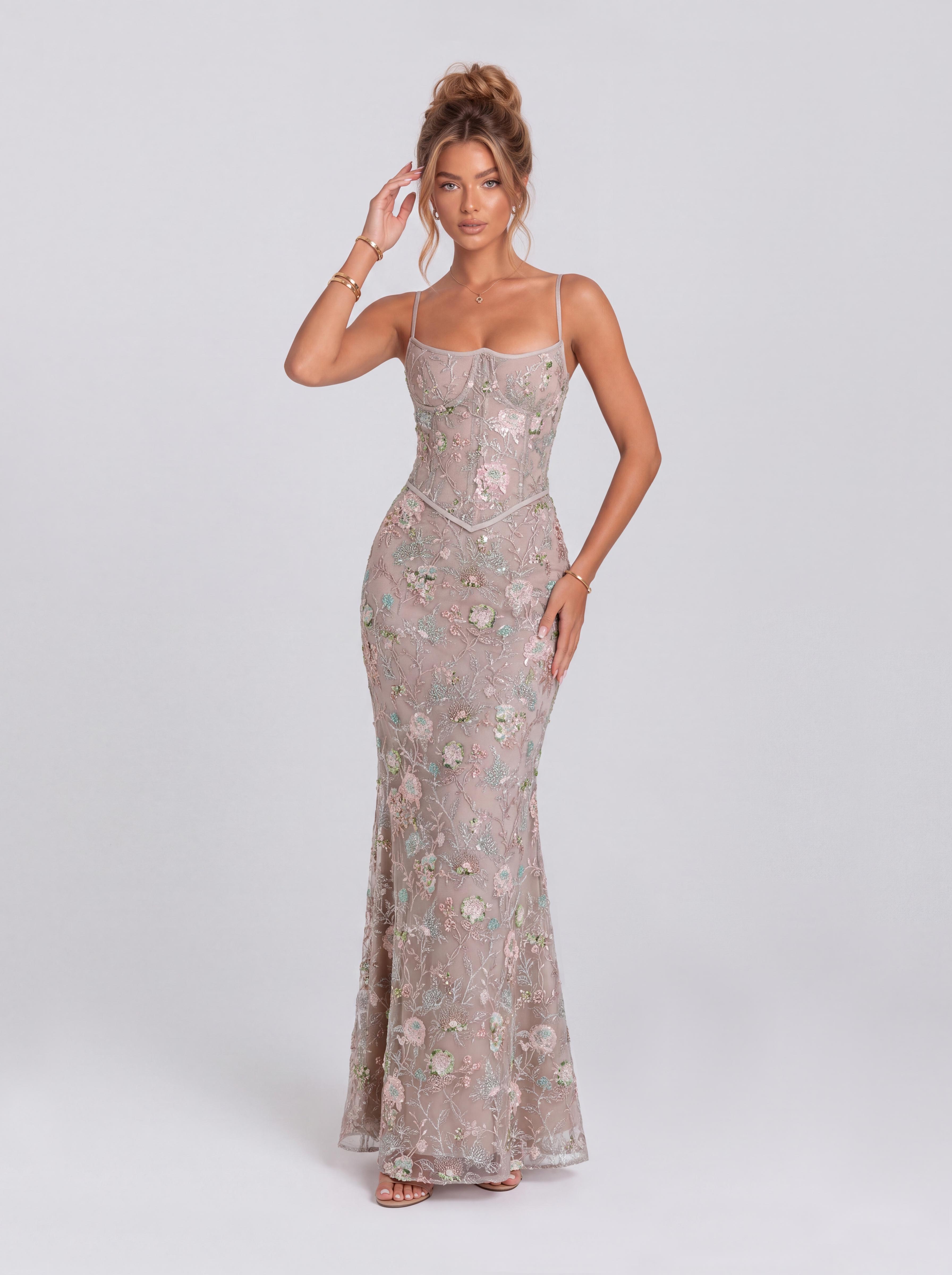 Vintage Floral Beaded Lace Belted Mermaid Dress