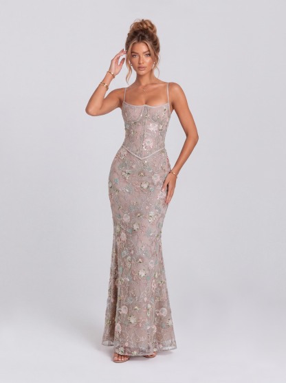 Vintage Floral Beaded Lace Belted Mermaid Dress