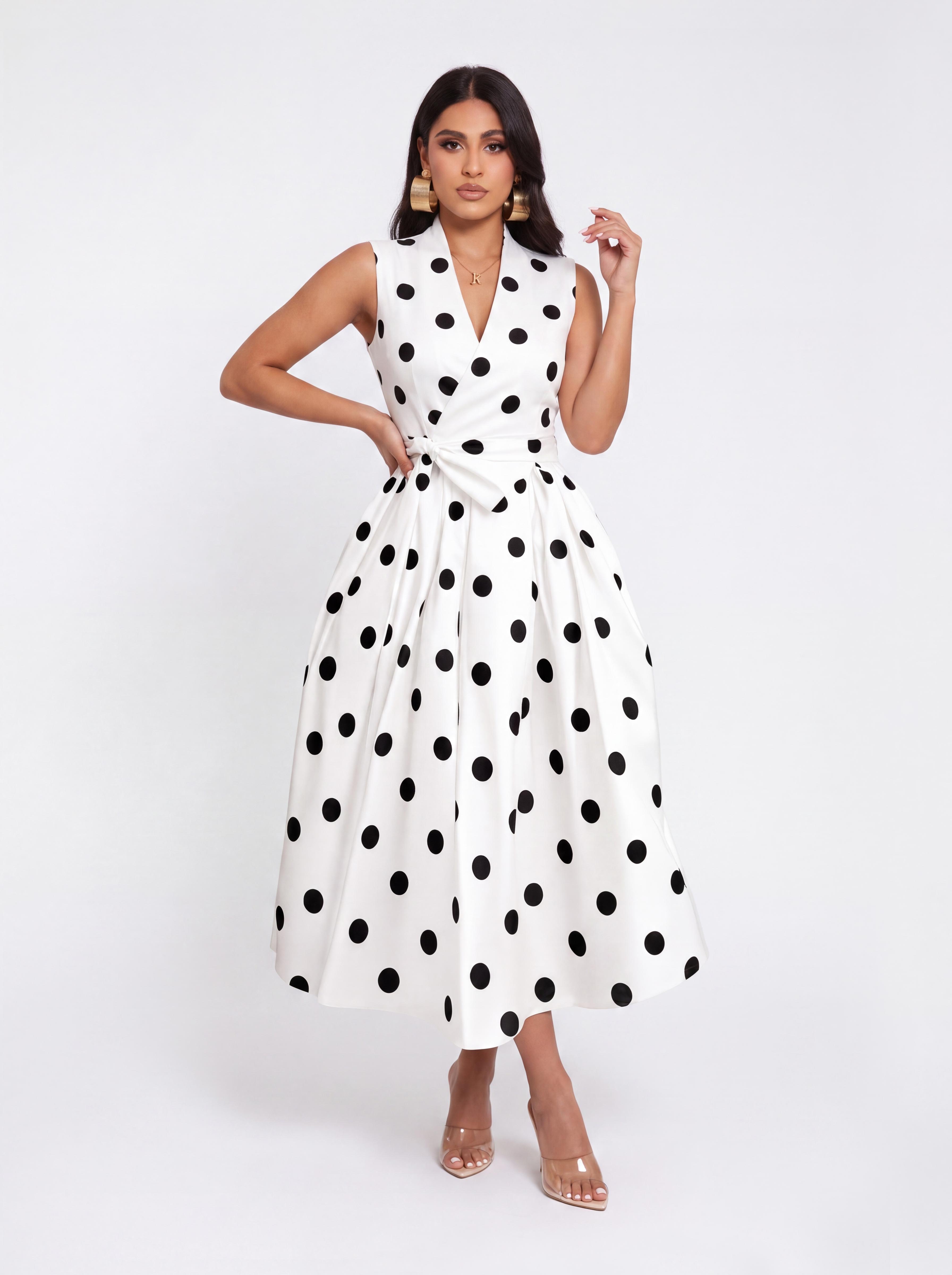 Vintage Polkdot Sleeveless V-neck Tight Waist Mid-length Umbrella Dress