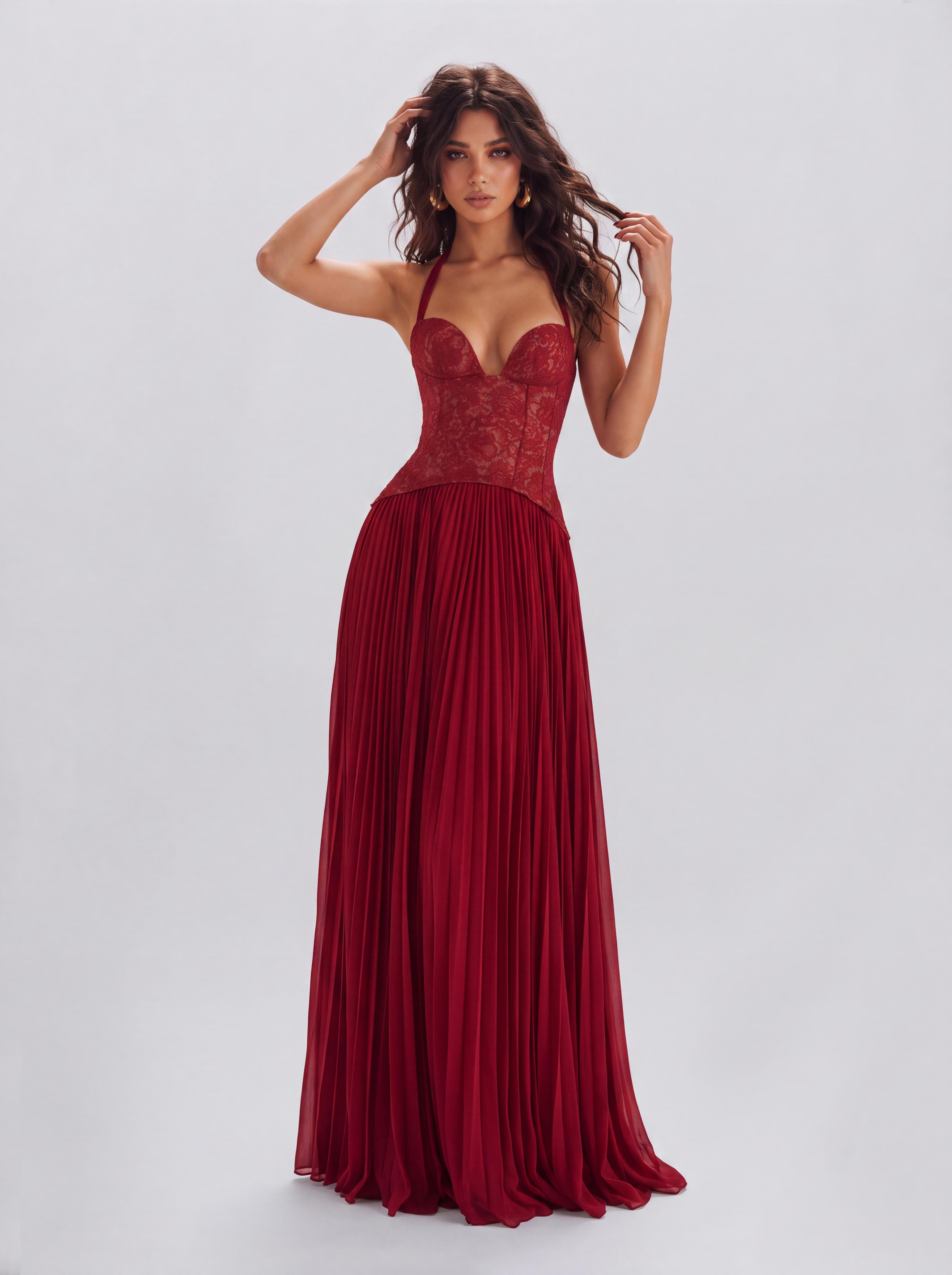 Lace Boom Neck Pleated Long Banquet Dress