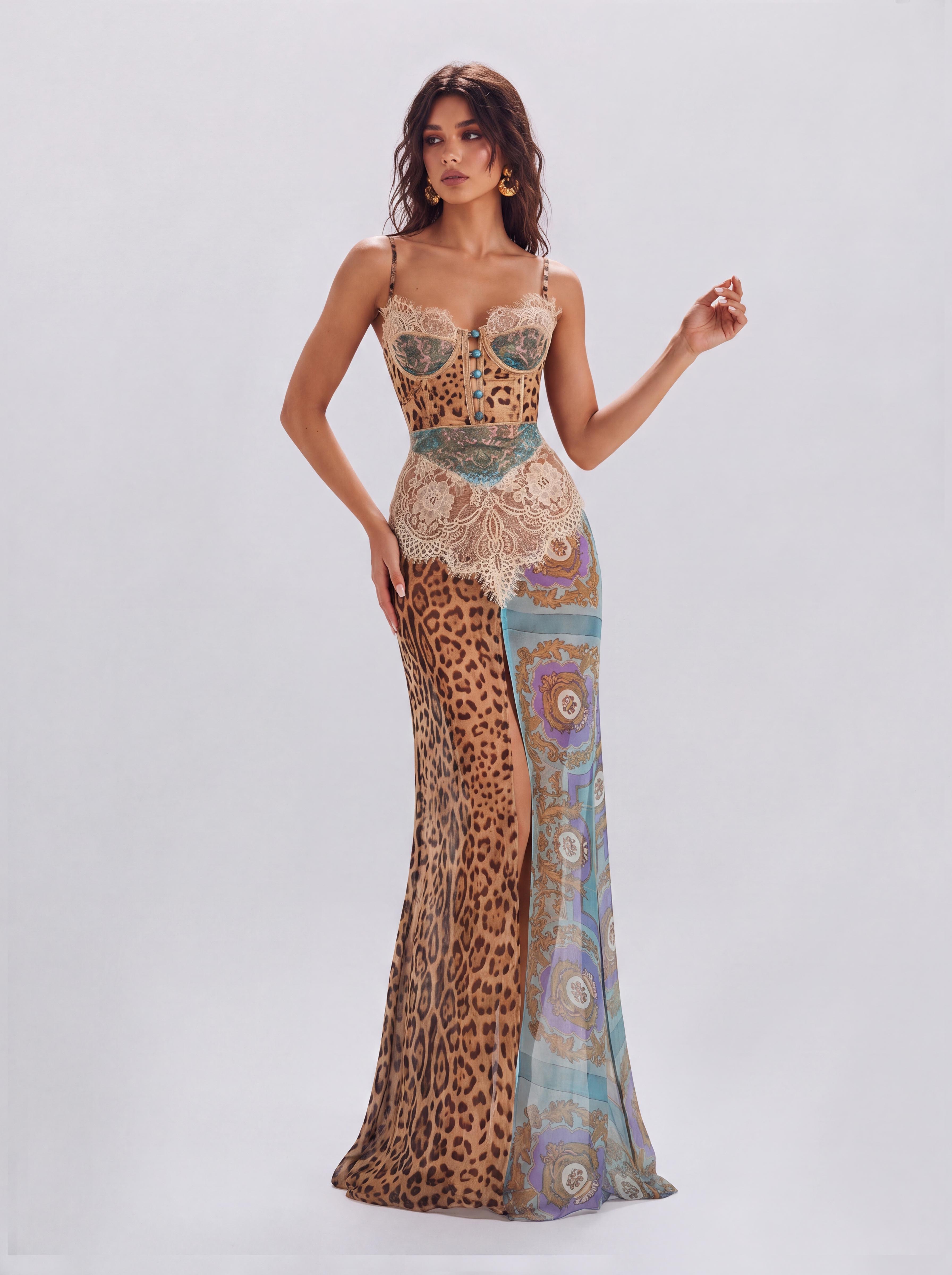 Lace Waist Leopard Print Vintage Patchwork High Split Perspective Long Slip Dress