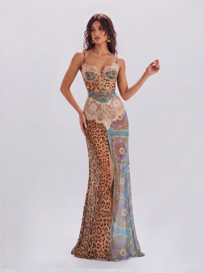 Lace Waist Leopard Print Vintage Patchwork High Split Perspective Long Slip Dress