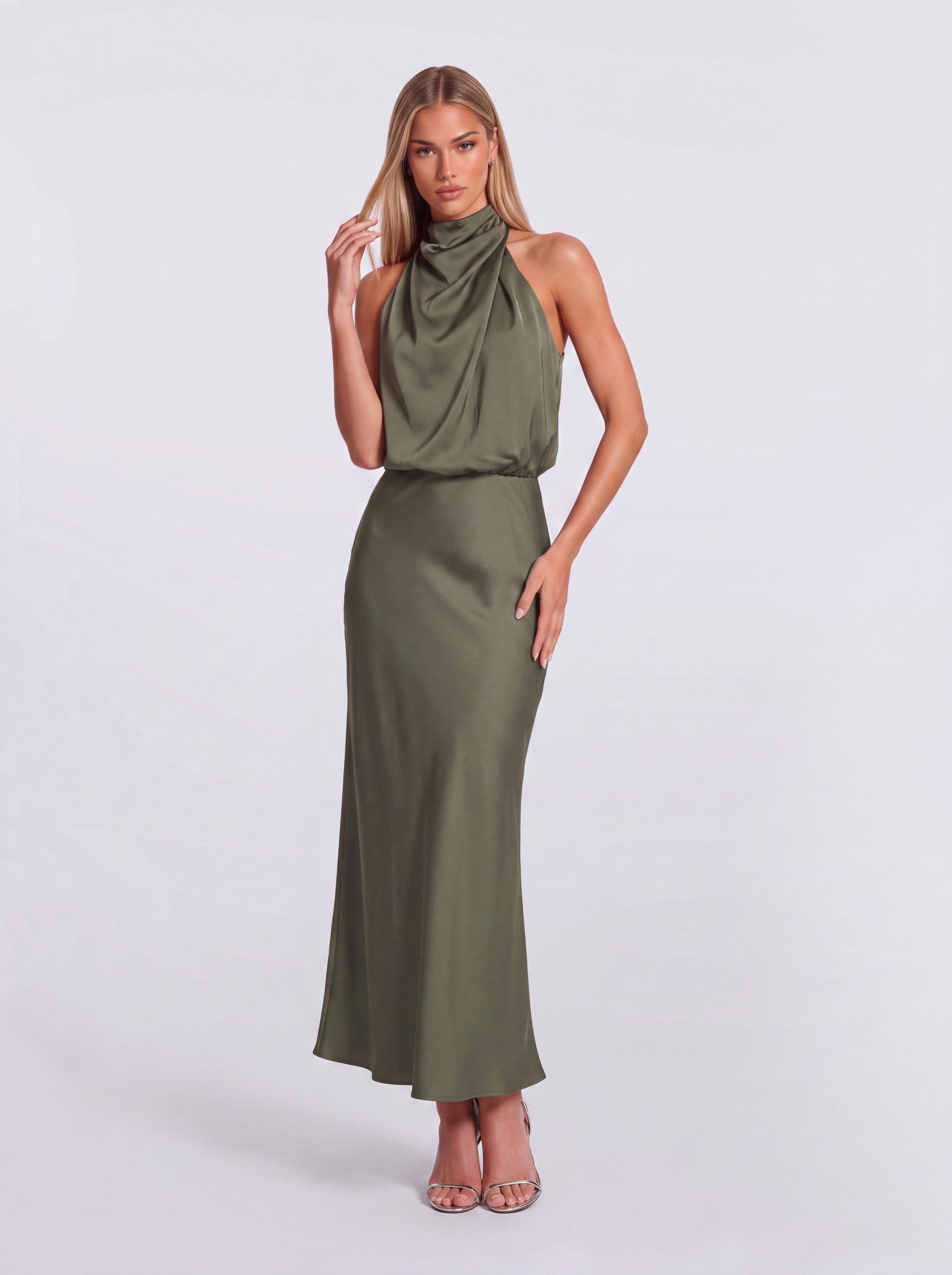 Slim-Fit Fishtail Mid-Length Neck Satin Dress