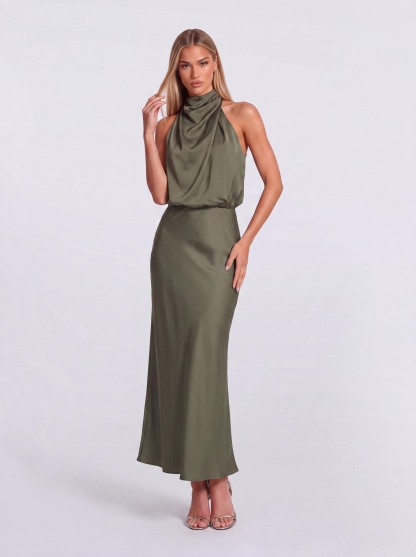 Slim-Fit Fishtail Mid-Length Neck Satin Dress