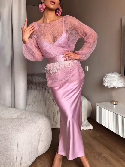 Elegant Thin Feather Trim Belted Sweater