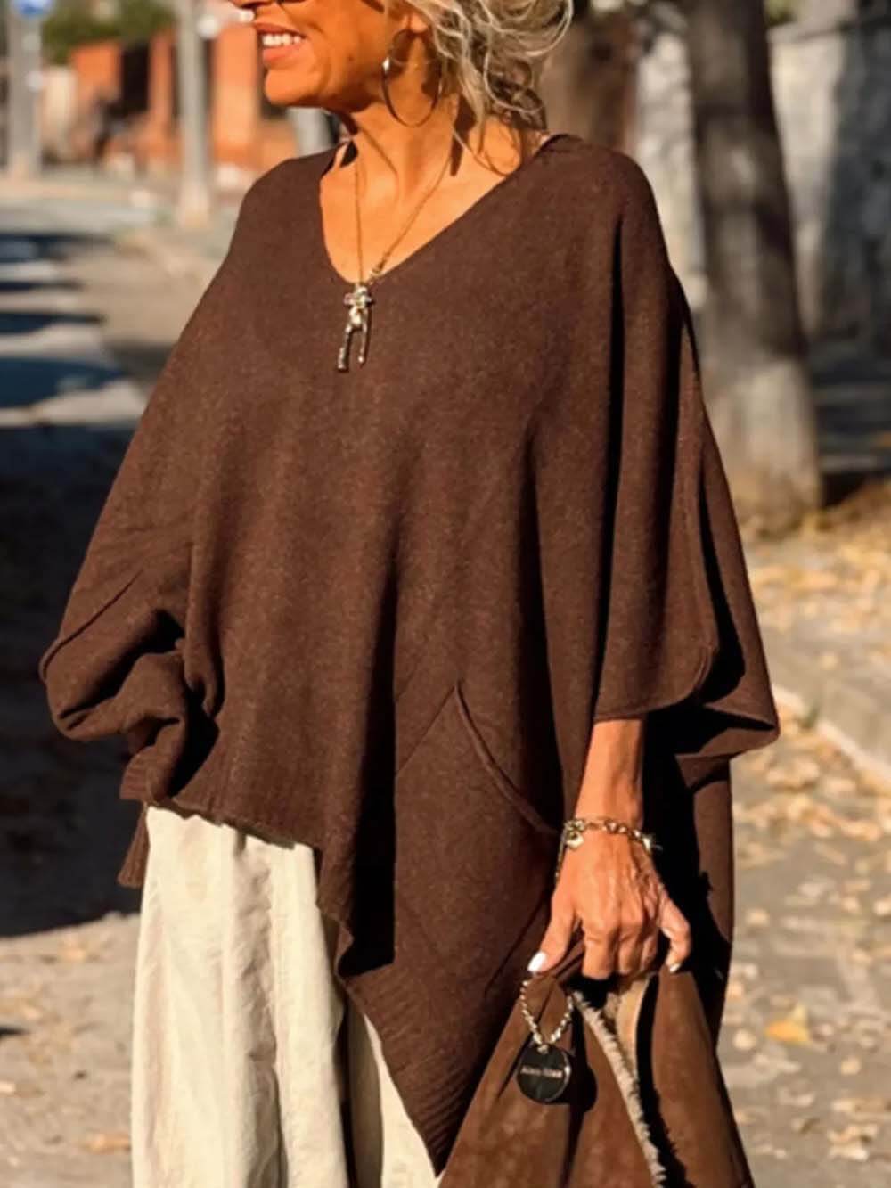 Classic Fashion V-neck Loose Pocket Mid-length Knitted Sweater