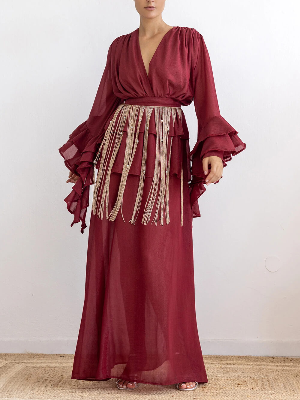 Elegant V-Neck Ruffle Ruched Chiffon Maxi Dress