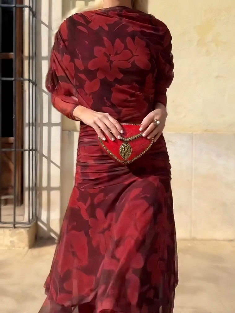 Elegant Mesh Printed Split Maxi Dress