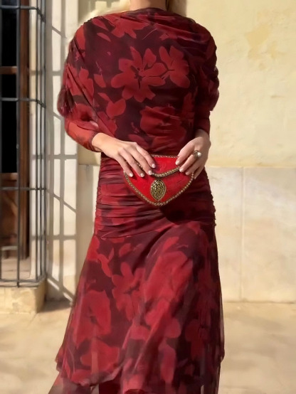 Elegant Mesh Printed Split Maxi Dress