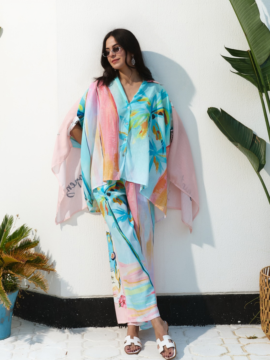 Unique Oil Painting Coconut Tree Print Wide Leg Pants