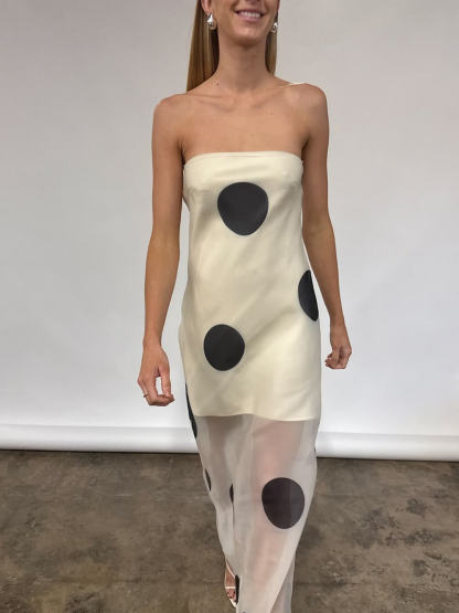 Elegant Mesh Stitching Polka Dot Print Off-Shoulder Suspender Maxi Dress