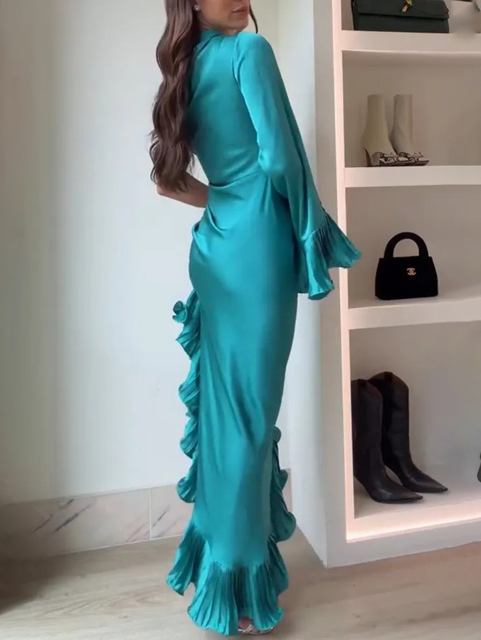 Elegant Satin One-shoulder Ruffled Asymmetrical Maxi Dress