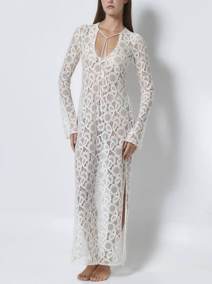 Summer Casual Lace Hook Flower Slit See-Through Holiday Lace Maxi Dress