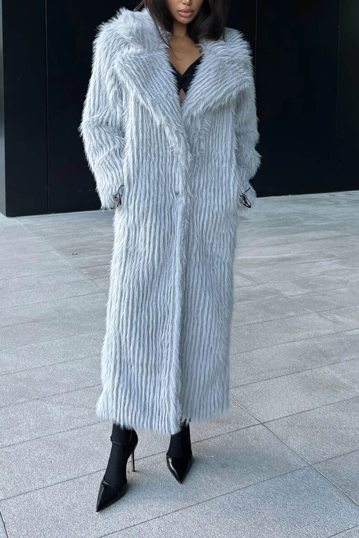 Elegant Lapel Faux Fur Fluffy Long Coat